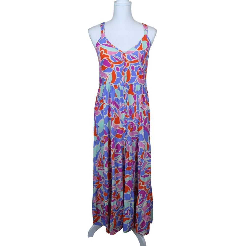 FRNCH Paris Red Blue Purple Strappy V-neck Fit & Flare Midi Summer Dress Size S